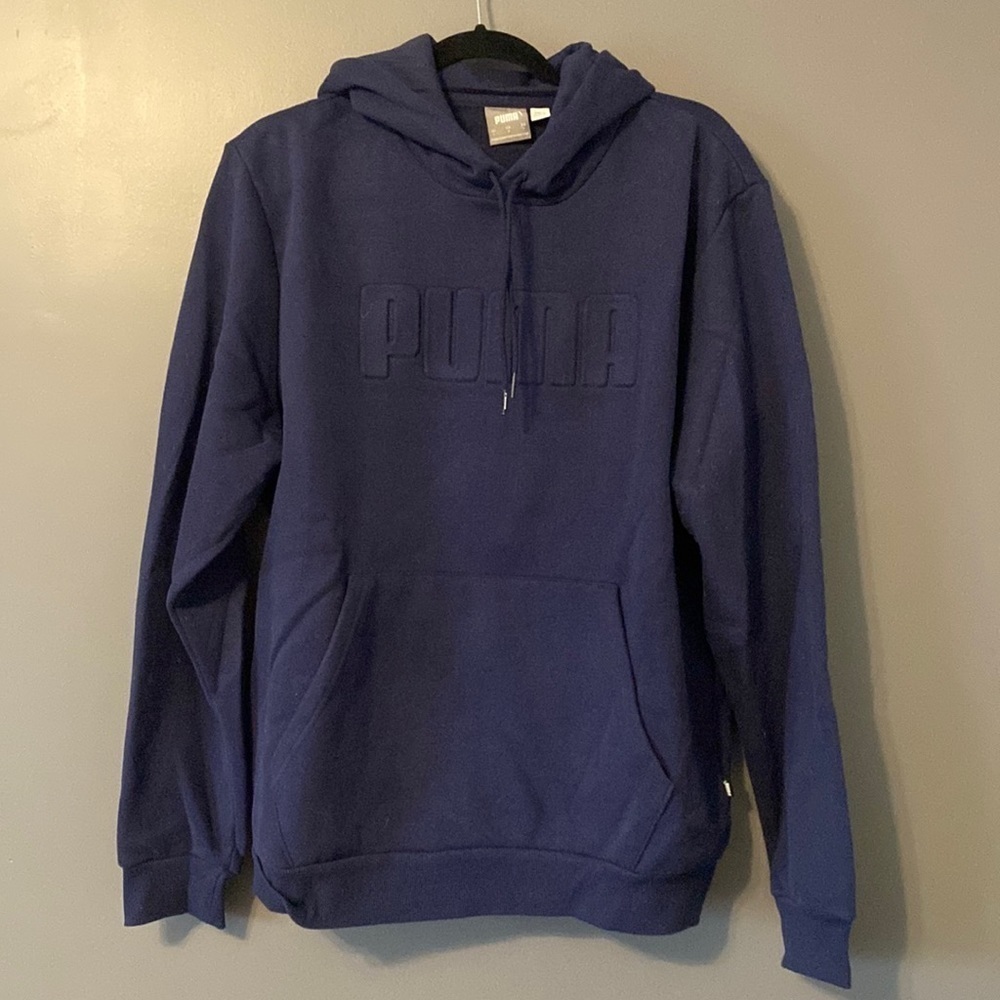 PUMA Navy Blue Embossed Logo Fleece Hoodie Sweatshirt Men's Y2K Streetwear Large
